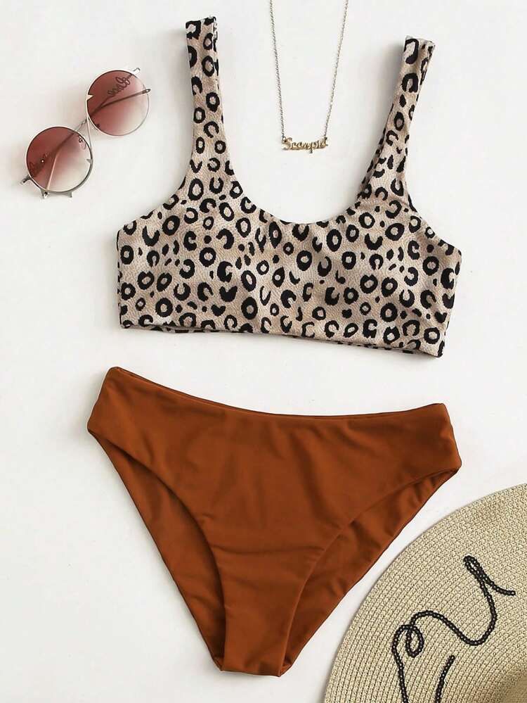 Leopard Bikini Set Scoop Neck Tank Top & Bikini Bottom 2 Piece Bathing Suit | SHEIN
