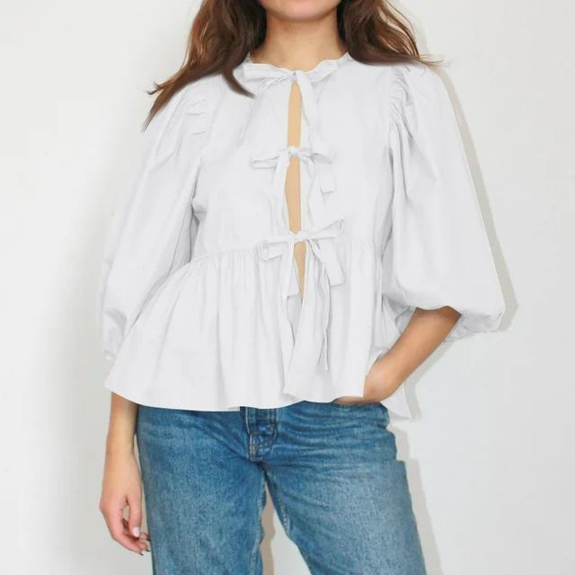 RPVATI Ruffle Hem Tie Front Tops for Women Puff Sleeve Peplum Shirts Y2k Babydoll Blouse Cute Goi... | Walmart (US)