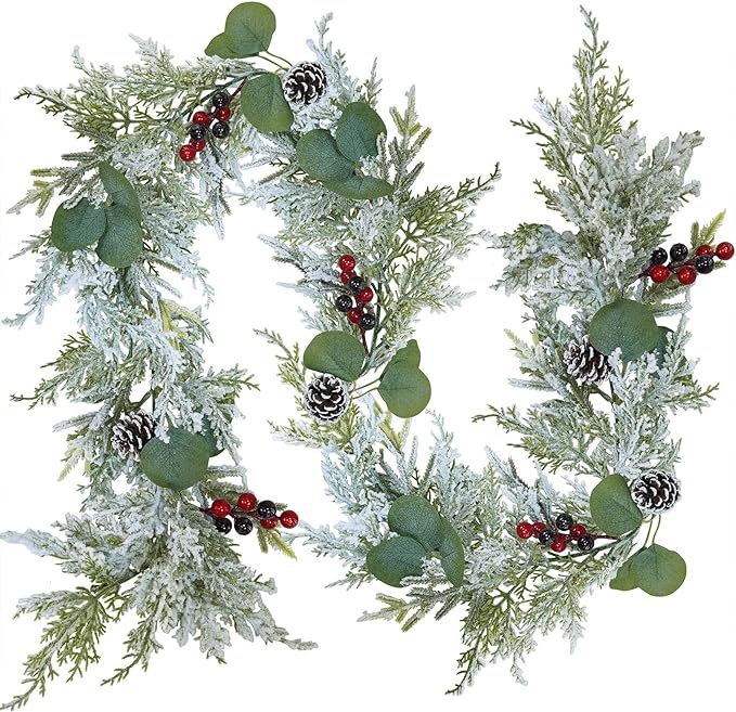 Winlyn 6' Christmas Artificial Snowy Cedar Garland Frosted Pine Garland with Pine Cones Red Berri... | Amazon (US)