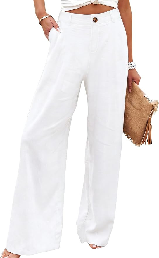 Hooever Womens Cotton Linen Pants Casual Button Up High Waisted Wide Leg Trousers | Amazon (US)