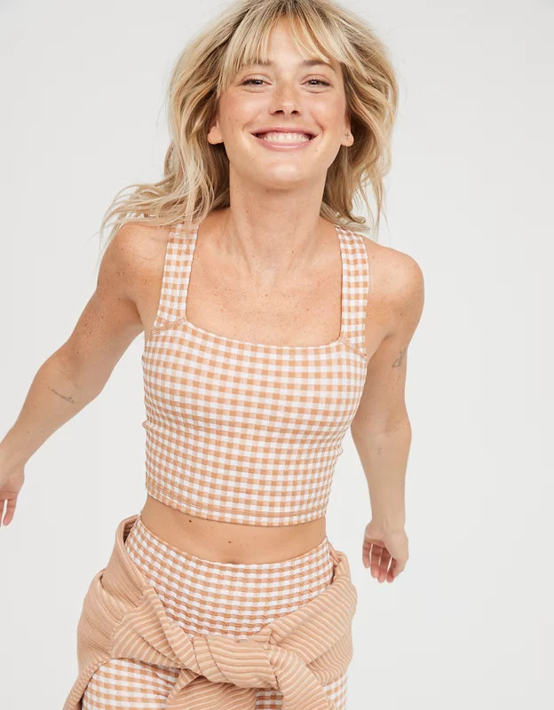 OFFLINE By Aerie Gingham Square Neck Sports Bra | American Eagle Outfitters (US & CA)