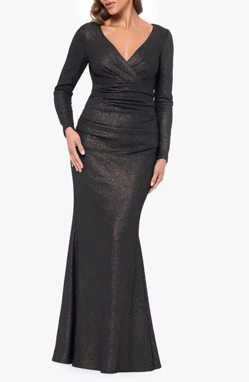 Xscape Evenings Long Sleeve Metallic Ruched Gown in Black/Gold at Nordstrom, Size 12 | Nordstrom