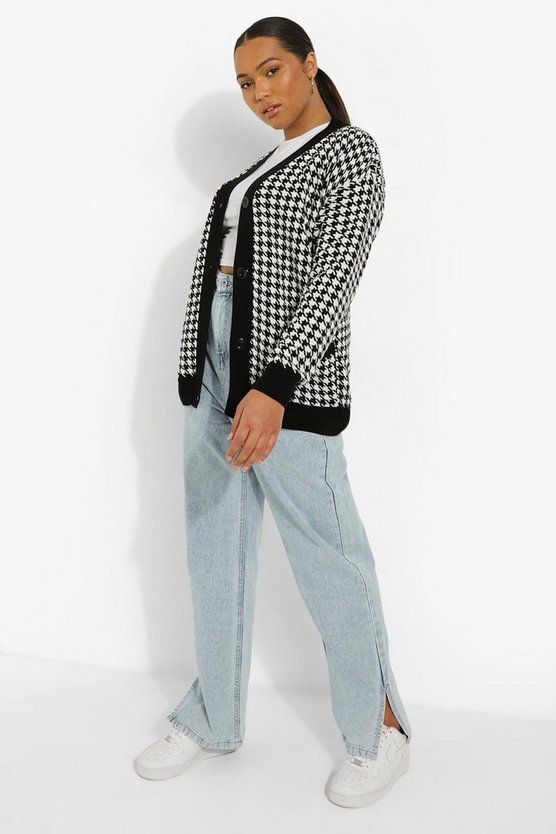 Plus Houndstooth Knitted Cardigan | Boohoo.com (US & CA)