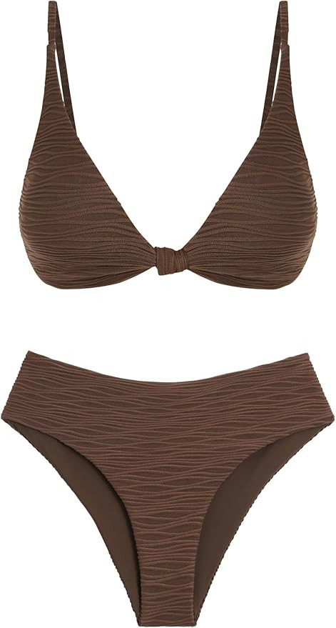ZAFUL Bikini Set for Women V Neck Knot Front Push Up Bathing Suit High Cut Two Piece Swimsuit Bra... | Amazon (US)