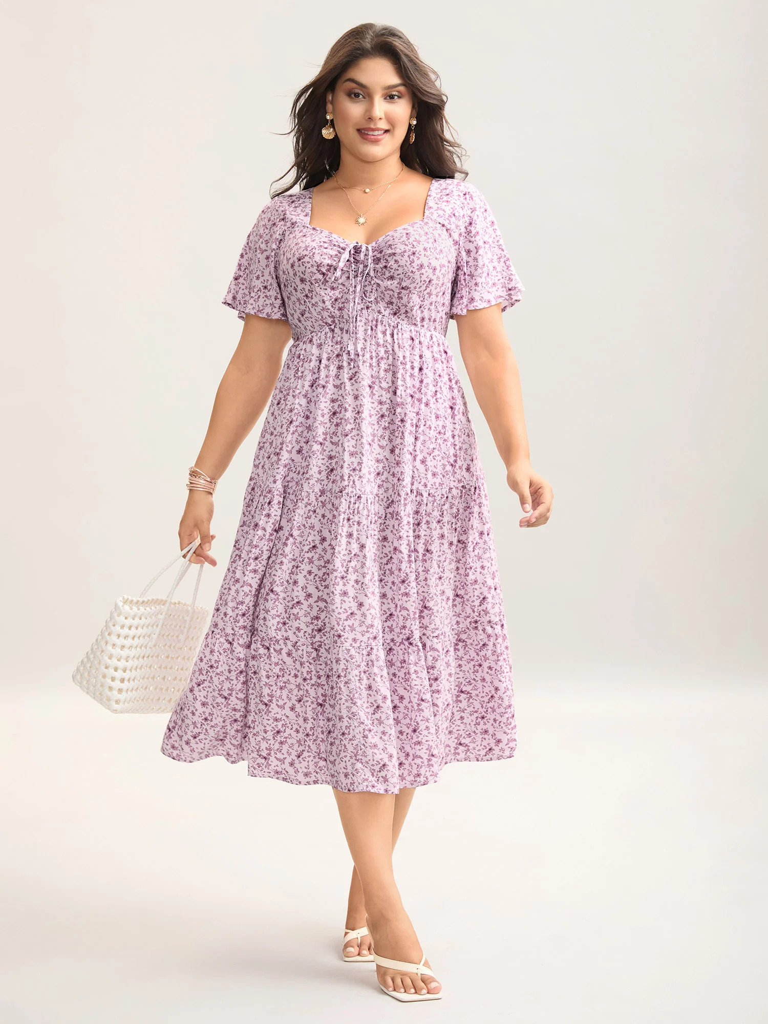 Ditsy Floral Sweetheart Drawstring Pocket Tiered Dress | Bloomchic