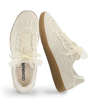 CUSHIONAIRE Belinda Women’s Lace Detail Casual Sneakers – Elegant Ribbon Lace-Up Shoes with M... | Amazon (US)