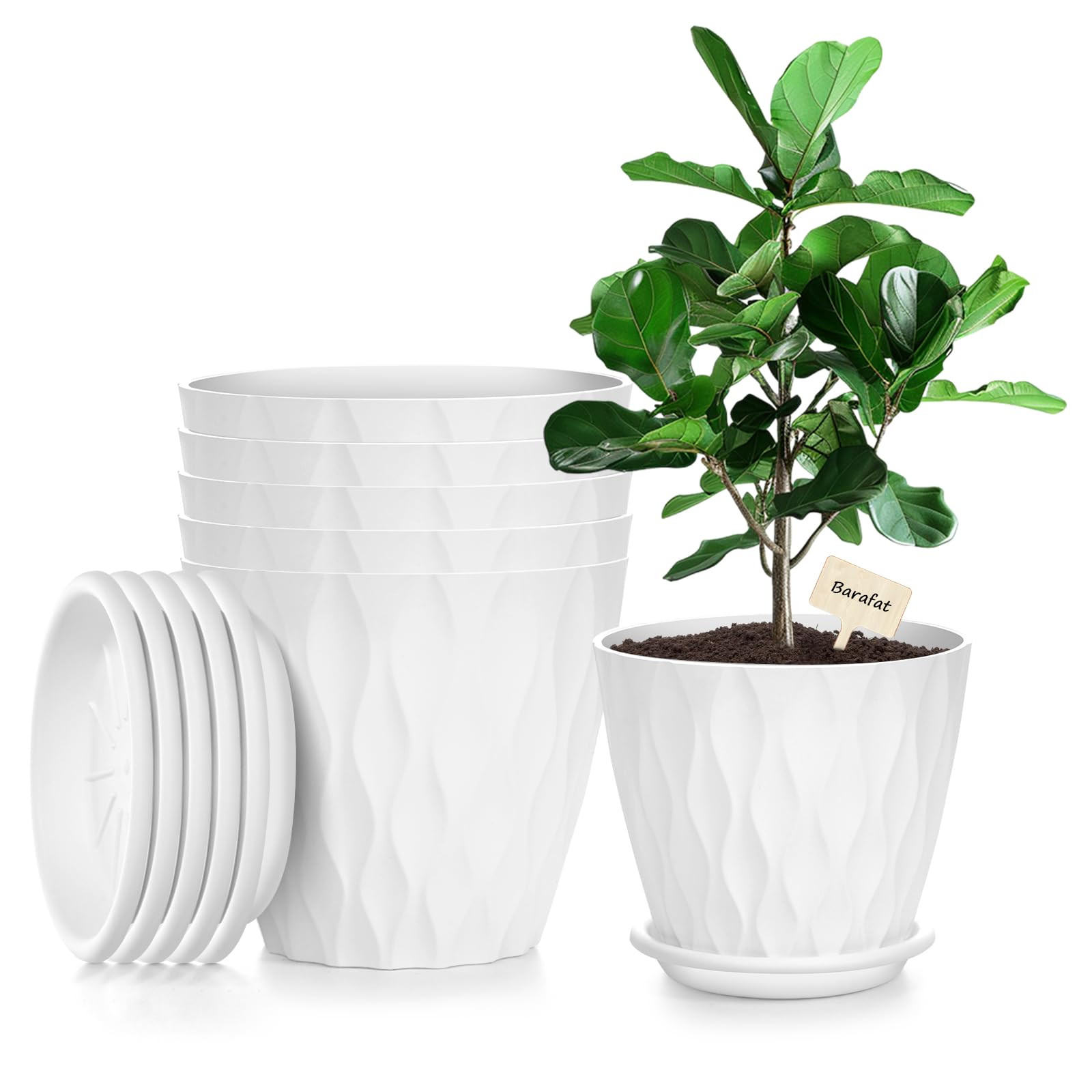 6 Inch Plant Pots,6 Pack Flower Pots, White Plastic Plant Pots Indoor with Drainage Holes and Tra... | Amazon (US)