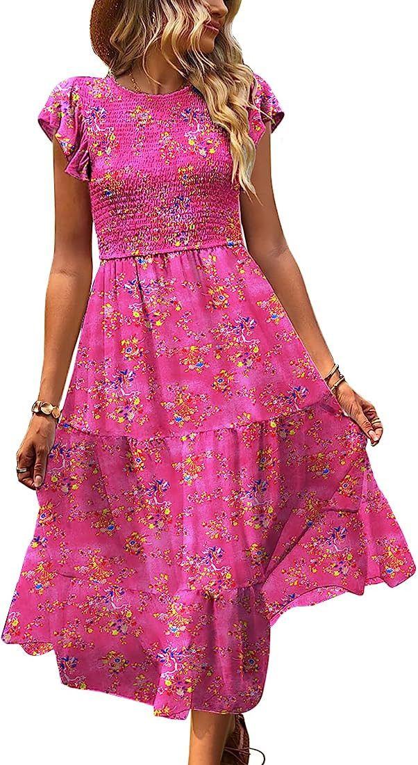 YESNO Women Summer Dresses Ruffle Cap Sleeve Casual Dress Boho Smocked Bodice Maxi Dress with Poc... | Amazon (US)