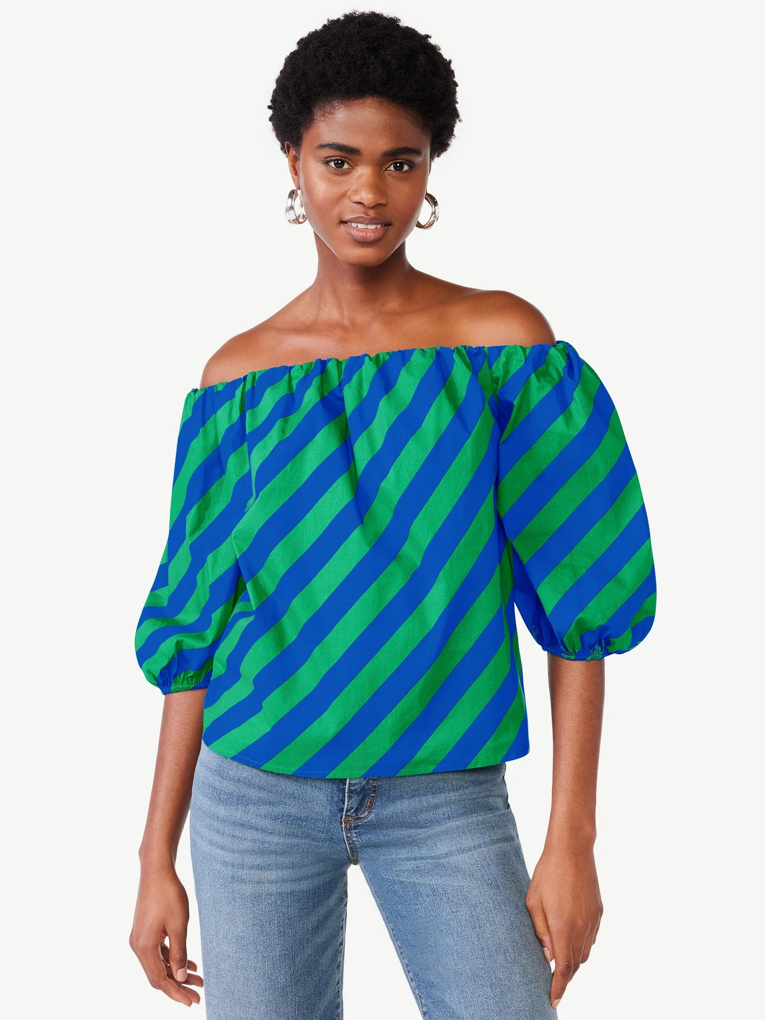 Scoop Women's Off the Shoulder Poplin Top with Puff Sleeves, Sizes XS-XXL - Walmart.com | Walmart (US)