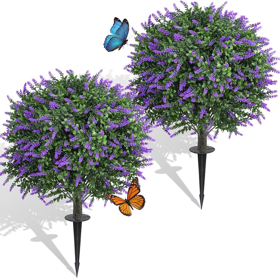 Dense Foliage Artificial Lavender Topiary Ball Trees 24 Inch, 2 Pack UV Resistant Fake Plants Out... | Amazon (US)