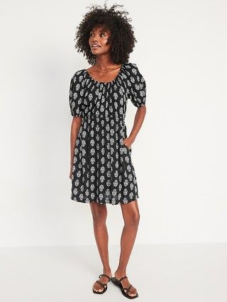 Puff-Sleeve Printed Tie-Back Mini Swing Dress for Women | Old Navy (US)