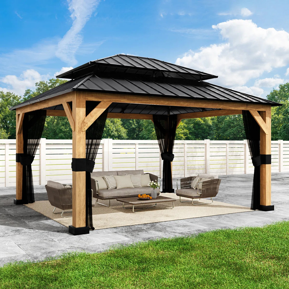 13 Ft. W X 11 Ft. D Solid Wood Outdoor Steel Hardtop Outdoor Gazebo with Tiered Roof, Cedar Frame... | Wayfair North America