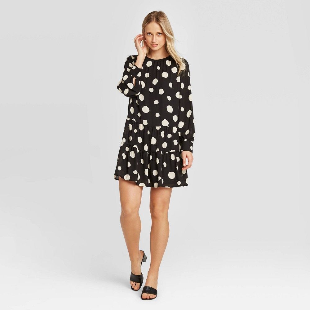 Women's Polka Dot Long Sleeve Round Neck Button Back Tiered Mini Dress - Who What Wear Black XXL | Target