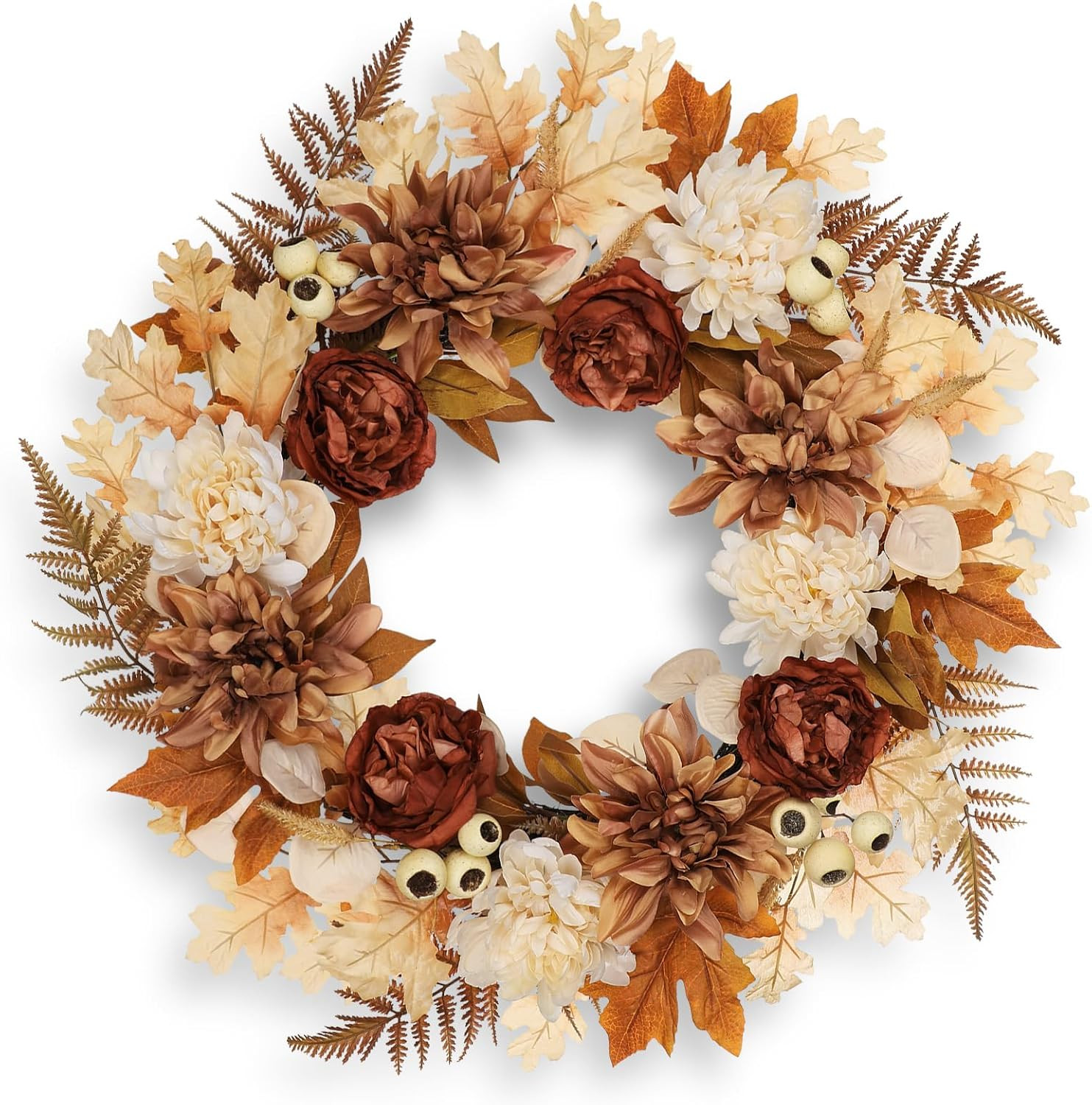 24 Inch Fall Brown Wreaths for Front Door Outside Autumn Wreath with Artificial Dahlia, Chrysanthemum, Rose, Berries & Leaves – Fall Door Wreath for Outdoor Indoor Thanksgiving Decor Terracotta | Amazon (US)