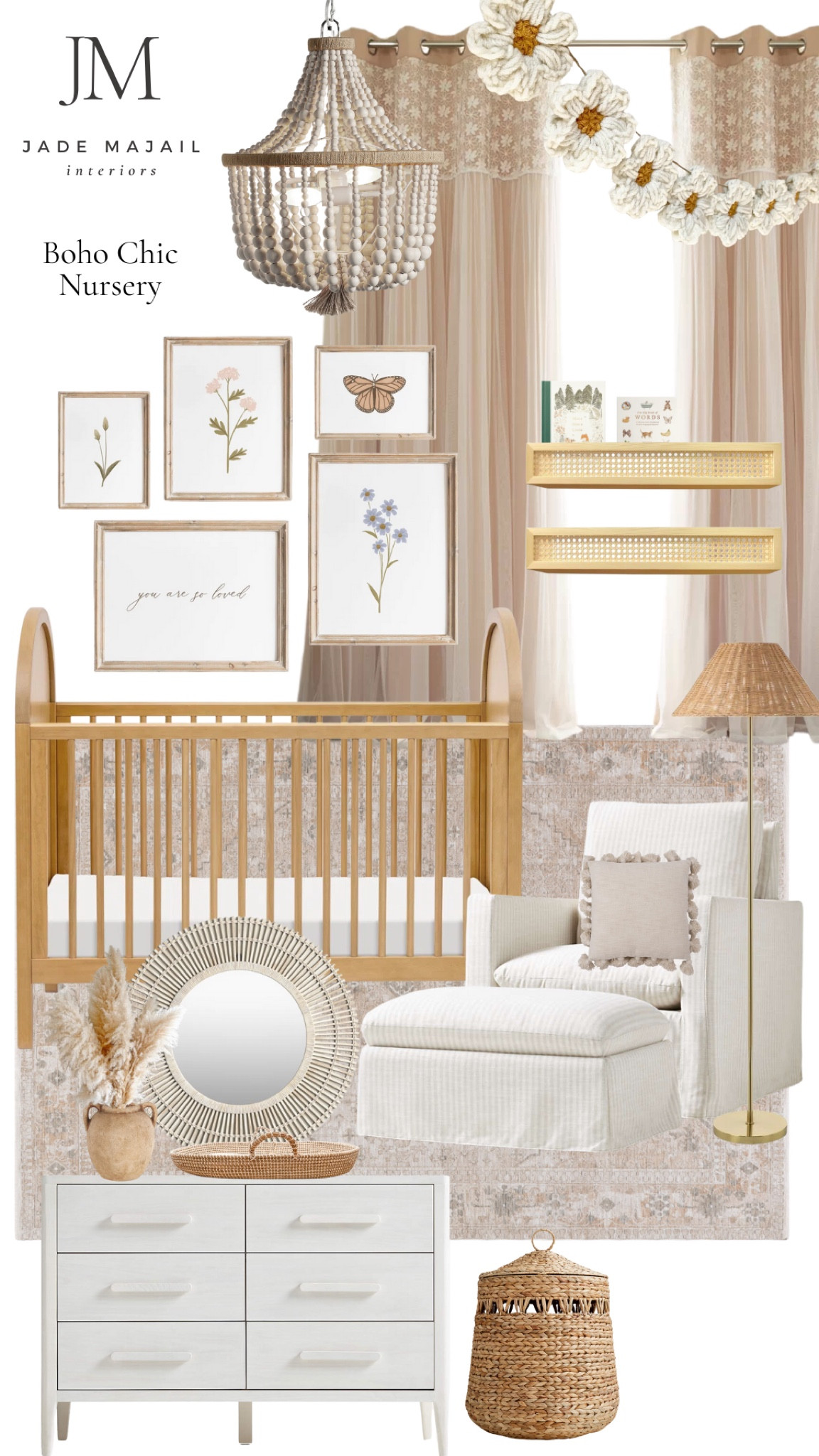 Loving this boho chic modern nursery design! ✨ The rattan book shelves, floral artwork, and natural oak dresser are some of my favorite elements. Not to mention the beautiful macramé daisy garland!

#LTKKids #LTKBaby #LTKFamily