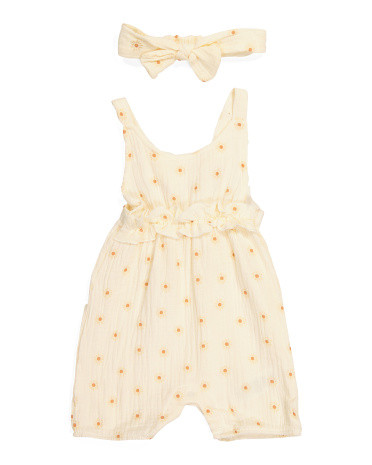 Infant Girl Floral Gauze Romper And Headband | TJ Maxx