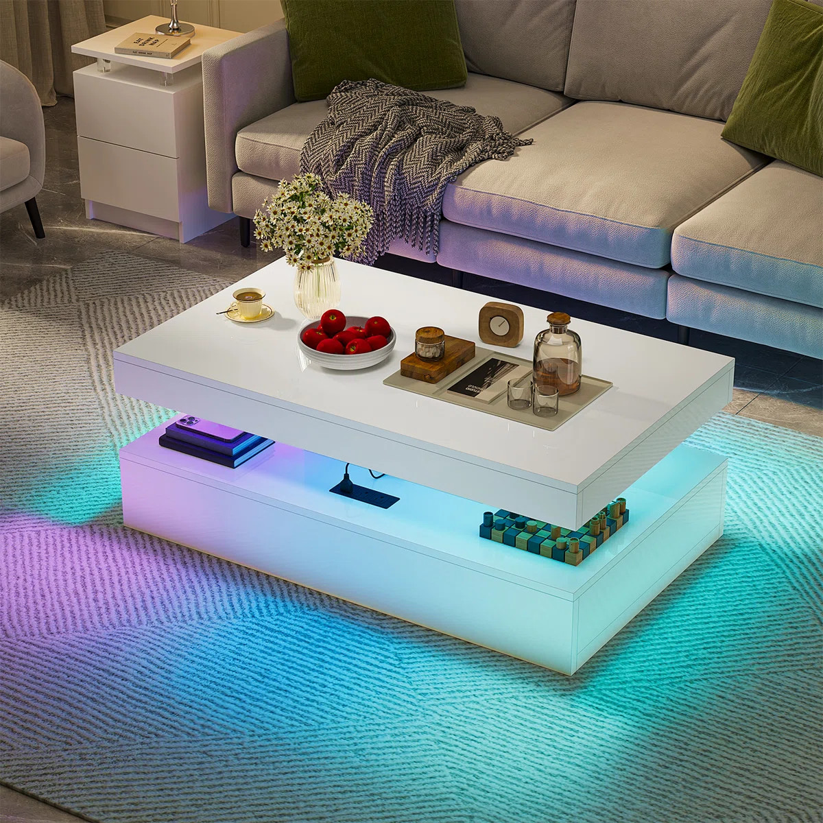 39” High-glossy Led Coffee Table With 2 Sliding Drawers, Modern Stylish Double-layer Center Tables With Led Lights, Charging Station | Wayfair North America