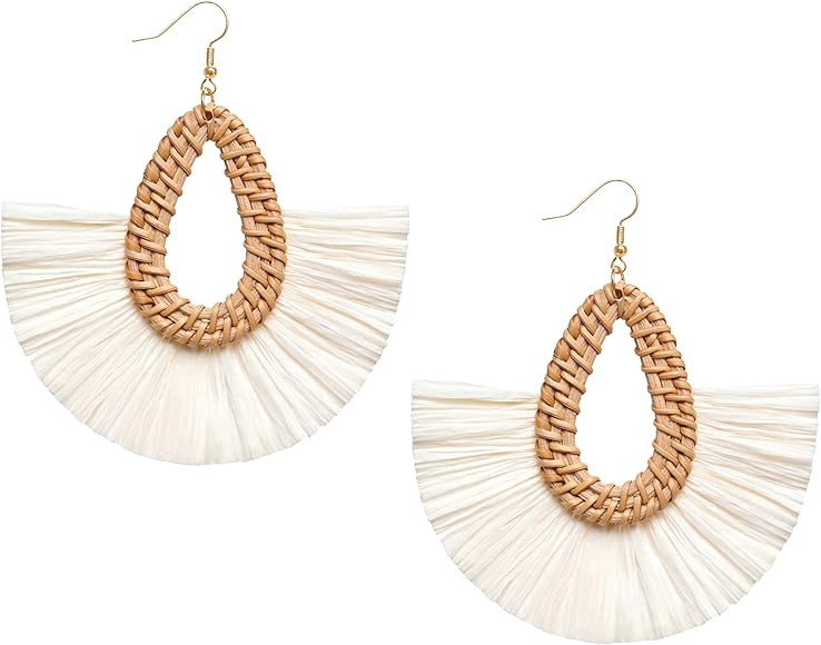 Statement Raffia Tassel Earrings Boho Summer Beach Earrings Lightweight Straw Wicker Dangle Drop ... | Amazon (US)