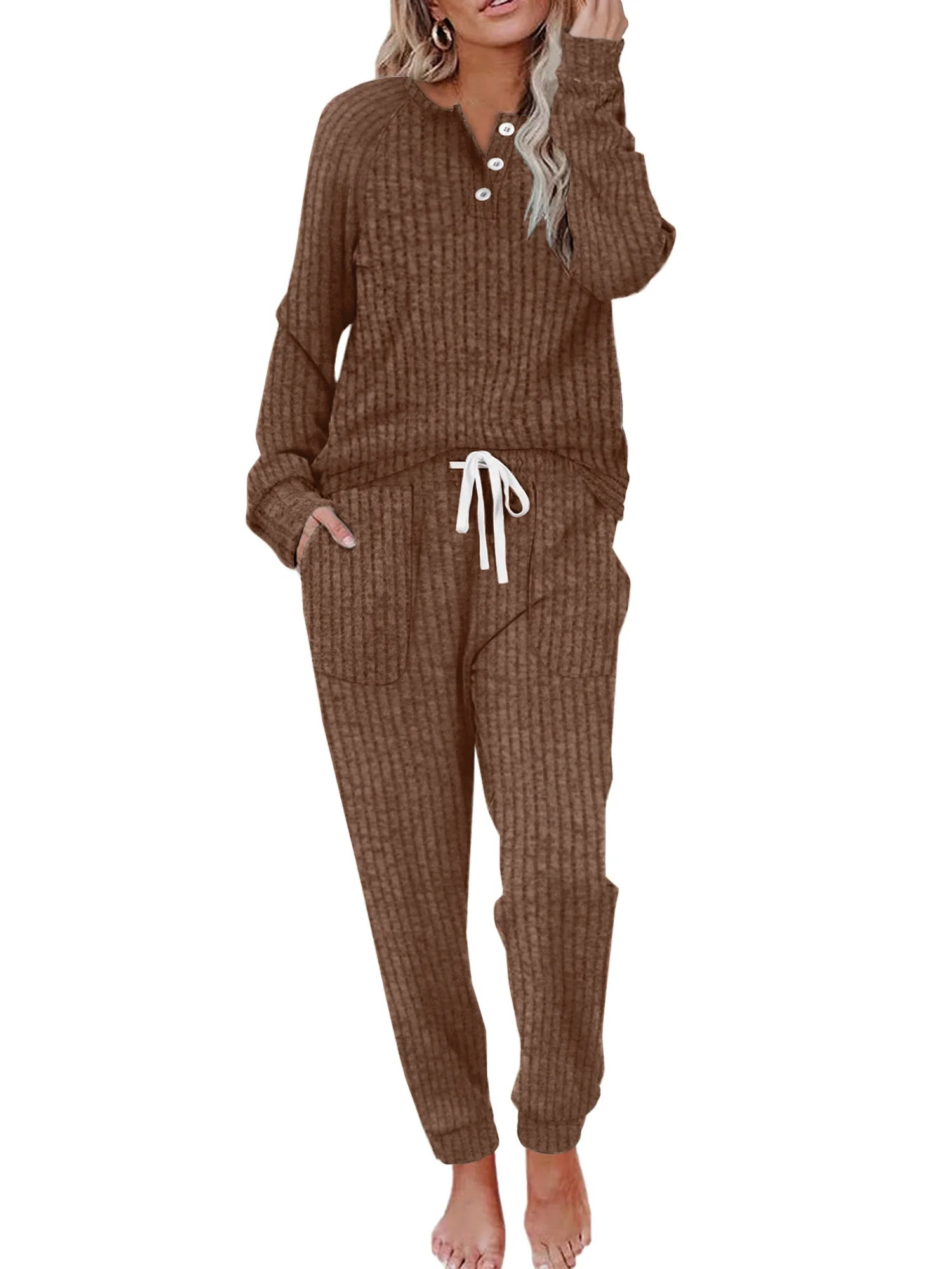 MOSHU Two Piece Womens Pajama Sets Button Down Shirts and Drawstring Pants with Pockets Solid Lou... | Walmart (US)