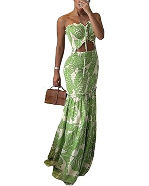 CHICME Floral Printed Prom Dress Tie Ruched Shirred Bandeau Party Dress Slim Fit Ruffle Hem Vacat... | Amazon (US)
