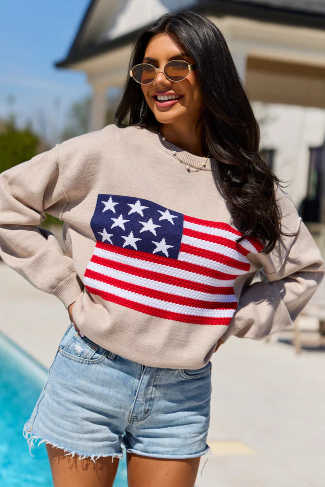 Home Of The Free Taupe Textured Flag Sweater | Pink Lily