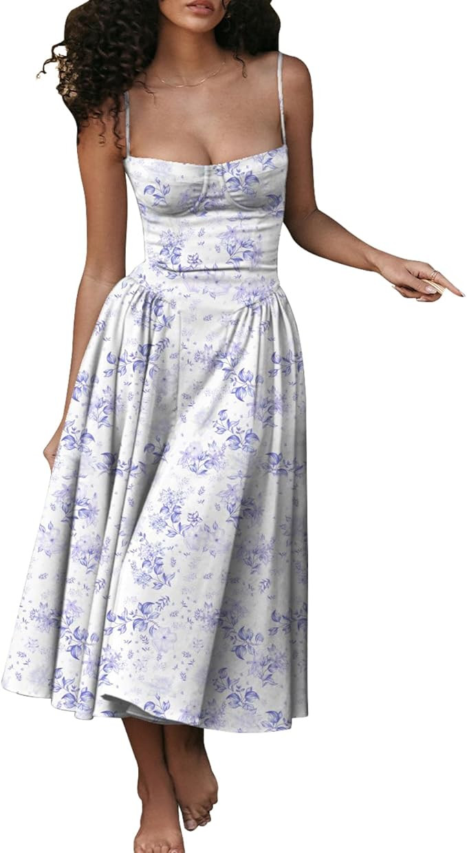 Womens Corset Dress Elegant Spaghetti Strap Midi Dress Flowy Pleated Hem Low Cut Prom Dresses Flo... | Amazon (US)