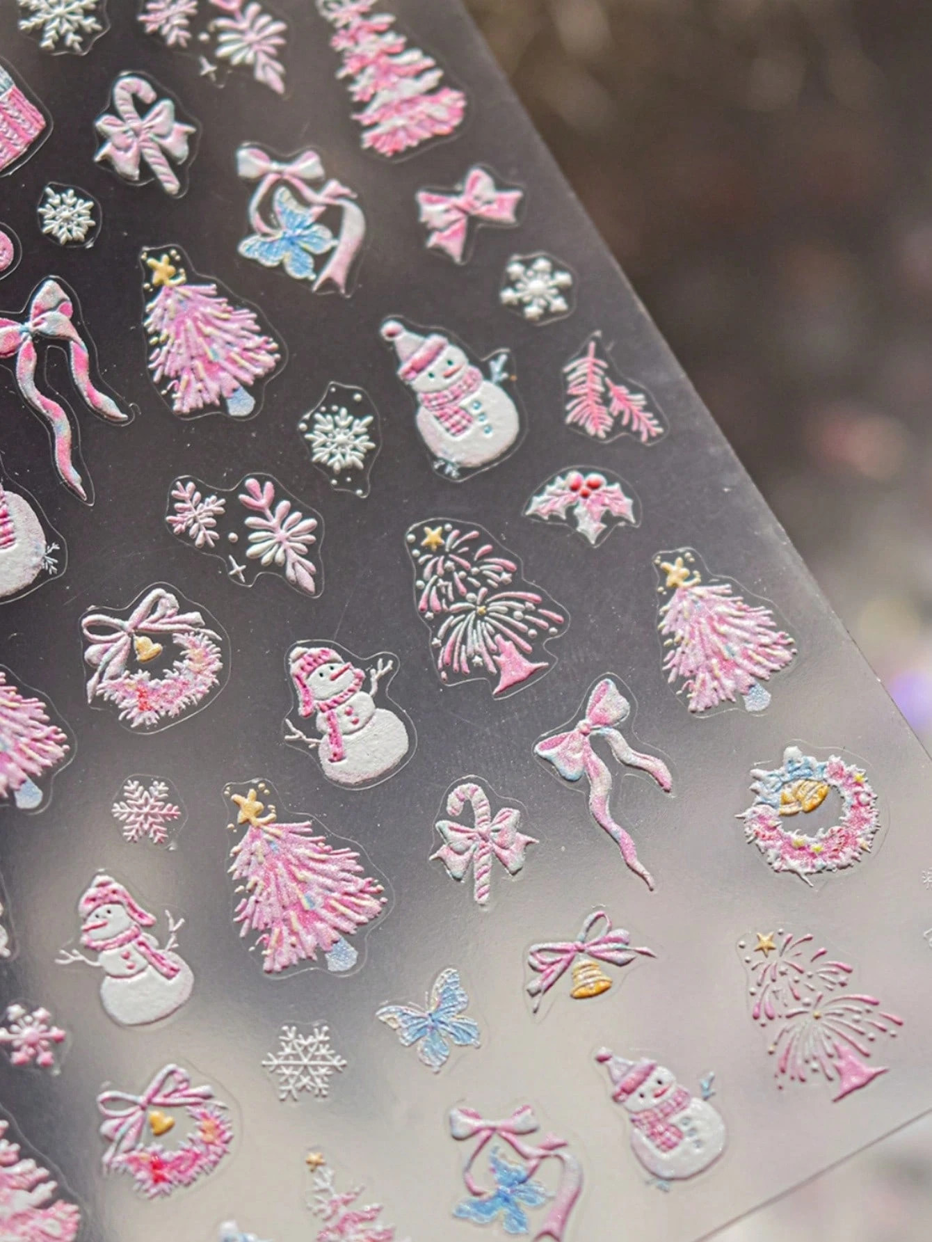 5D Glitter Pink Christmas 5D Nail Stickers Embossed Shiny Christmas Tree Fireworks Snowman Snowfl... | SHEIN
