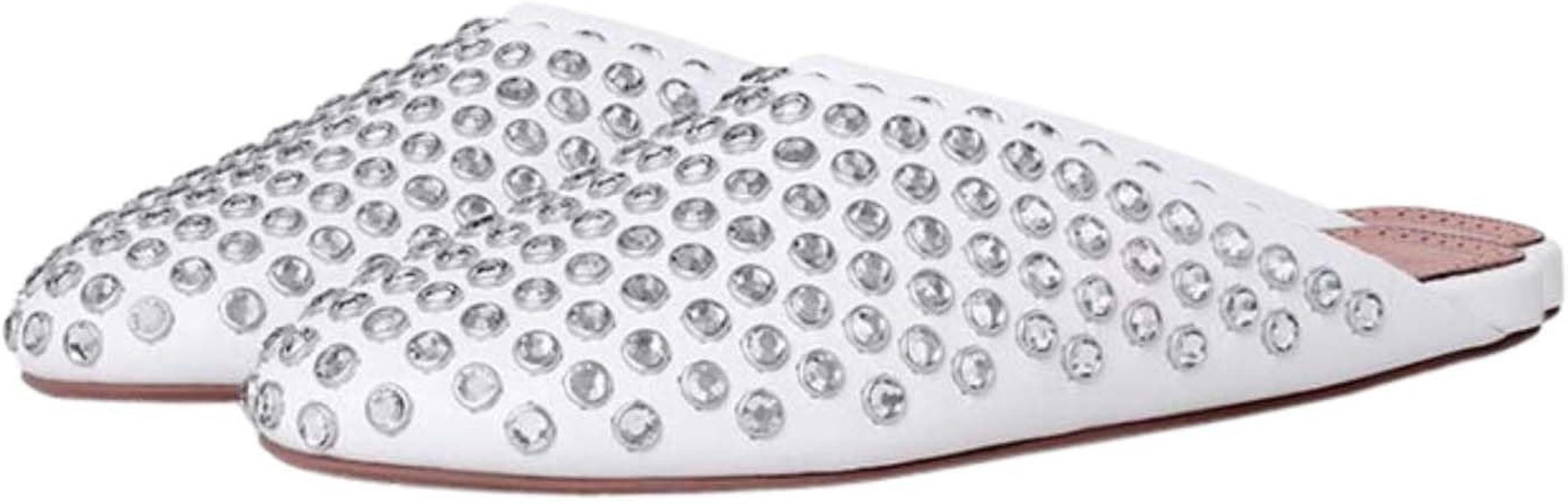 Rhinestone Flat Mules for Women, Round Closed Toe Slip On Backless Mule Slides Comfortable Party Loafer Mules Shoes | Amazon (US)