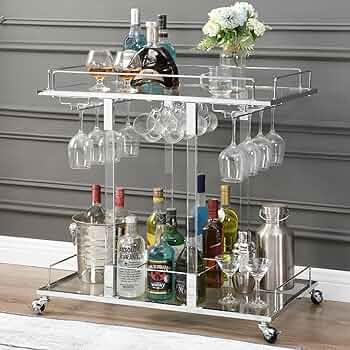Silver Bar Cart for Home Bar Chrome Serving Cart with Wine Rack 2-Tier Acrylic Rolling Bar Carts ... | Amazon (US)