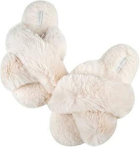 HALLUCI Women's Cross Band Soft Plush Fleece House Indoor or Outdoor Slippers | Amazon (US)