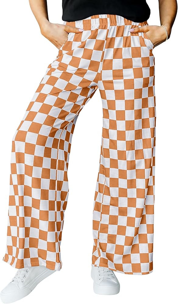 IWOLLENCE Women's Casual Loose Checkered Wide Leg Pants High Waist Straight Lounge Y2K Gingham Tr... | Amazon (US)