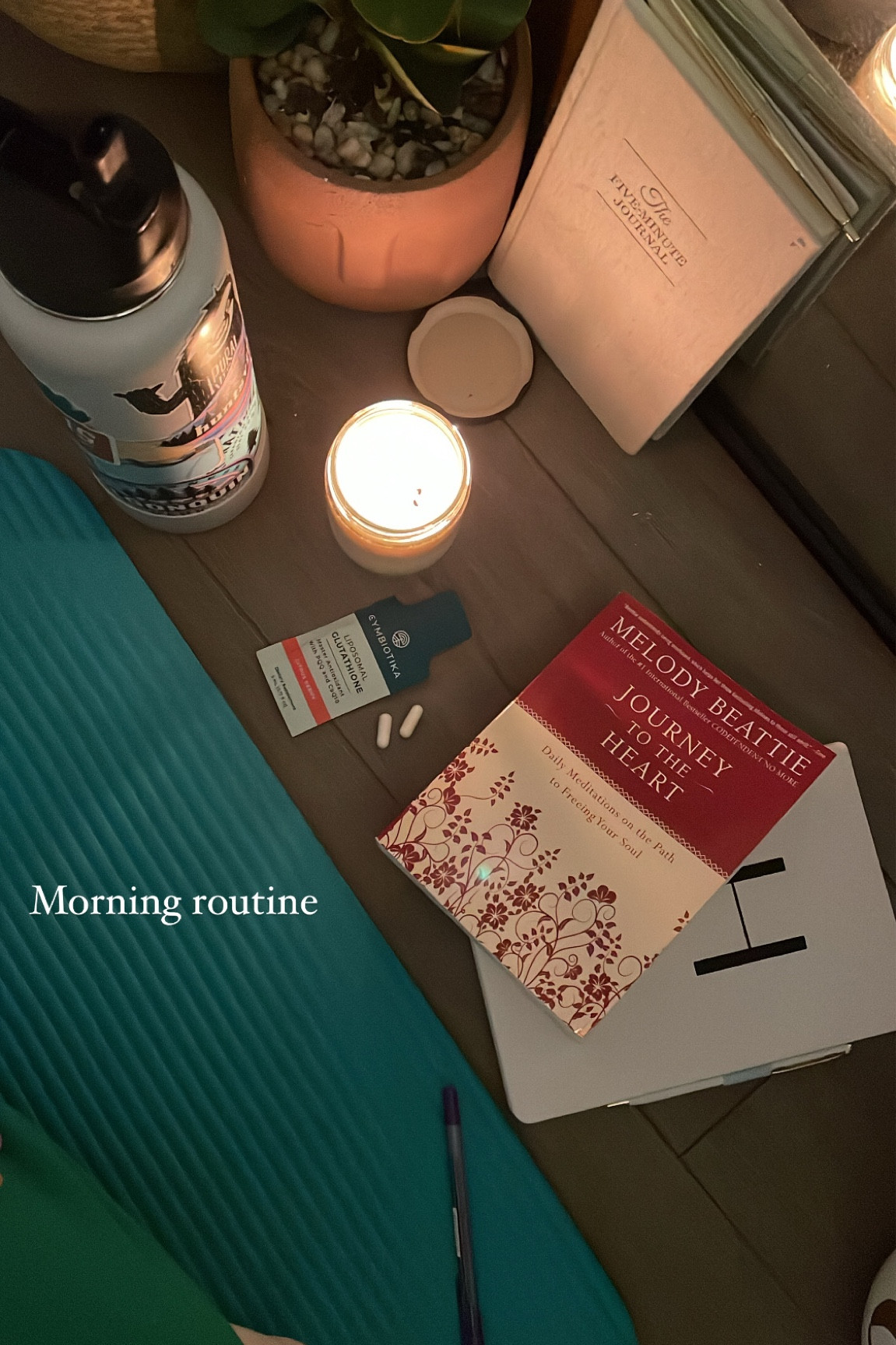 My morning rountine essentials 

Water with electrolytes
Meditation book
Journal
Non toxic candle
Supplements 

Follow me here for more!! 

#LTKGiftGuide #LTKunder50 #LTKHoliday
