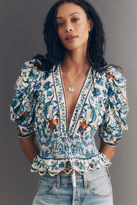 Farm Rio Flora Tile Puff-Sleeve Top | Anthropologie (US)