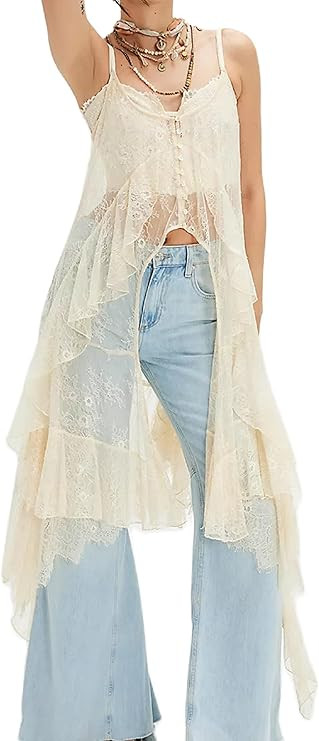 UAURORAO Women Maxi Lace Top Spaghetti Strap See Through Flowy Long Camisole Sleeveless Floral Sh... | Amazon (US)