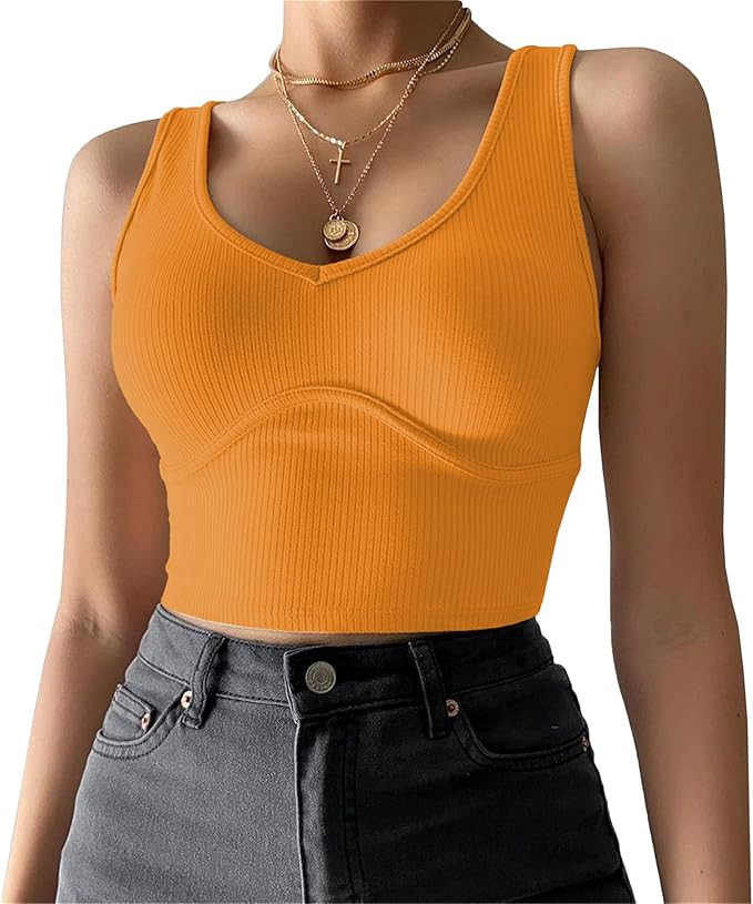 SINRGAN Women's Deep V Neck Basic Crop Tank Tops Sleeveless Ribbed Fitted Gym Sport Top | Amazon (US)