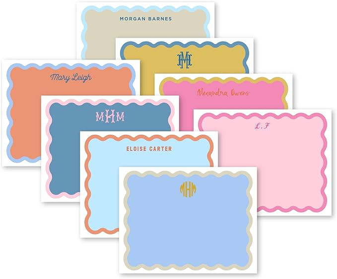 Personalized Monogram Scallop Wave Border with Fill Flat Card Stationery Set, colorful stationary... | Amazon (US)