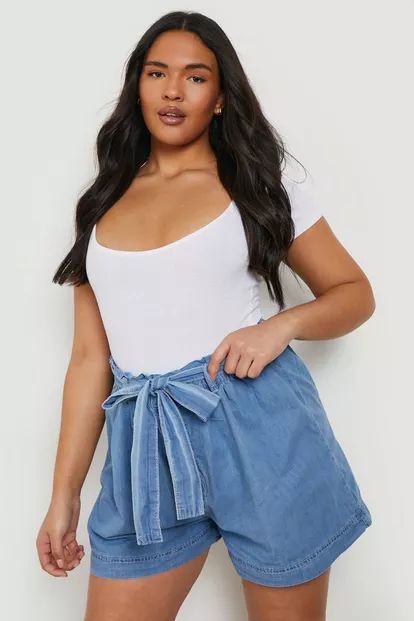 Plus Chambray Belted Paper Bag Short | Boohoo.com (UK & IE)