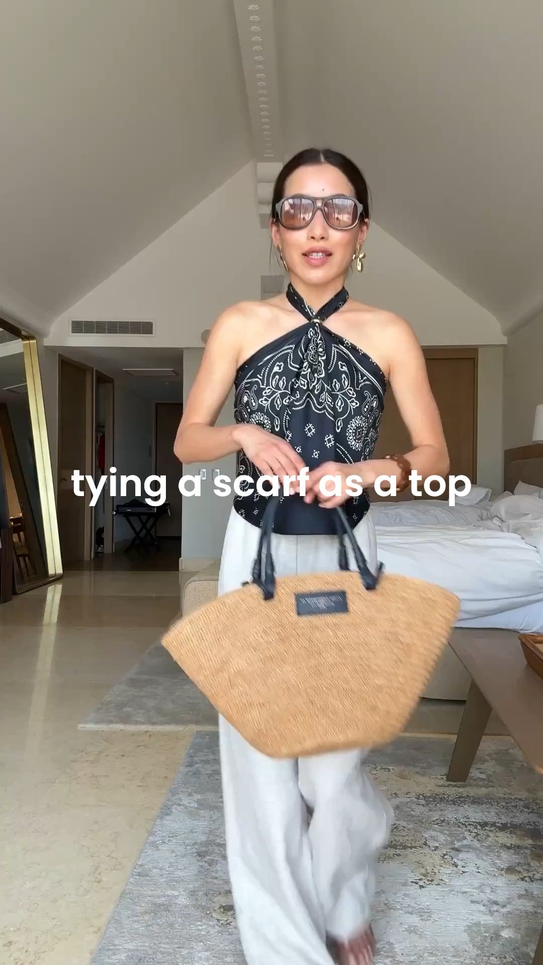 See a recent video for a second method using a necklace!

• Madewell medium silk bandana worn as top using a chunky gold ring 

• Amazon bandeau

• Aritzia linen blend pants xxs regular (the length shrinks 1-2” in washer and low heat dryer). 

Still long on me after shrinking. Their short length fits me best and can even be worn with flats after shrinking ( I got these in regular before short was available )￼ 

• Schutz sandals 5.5 very comfy with low stacked heel 

• sezane tote

• Madewell sunglasses

Petite friendly vacation outfit, family vacation, resort look

#LTKPetite #LTKSeasonal #LTKTravel