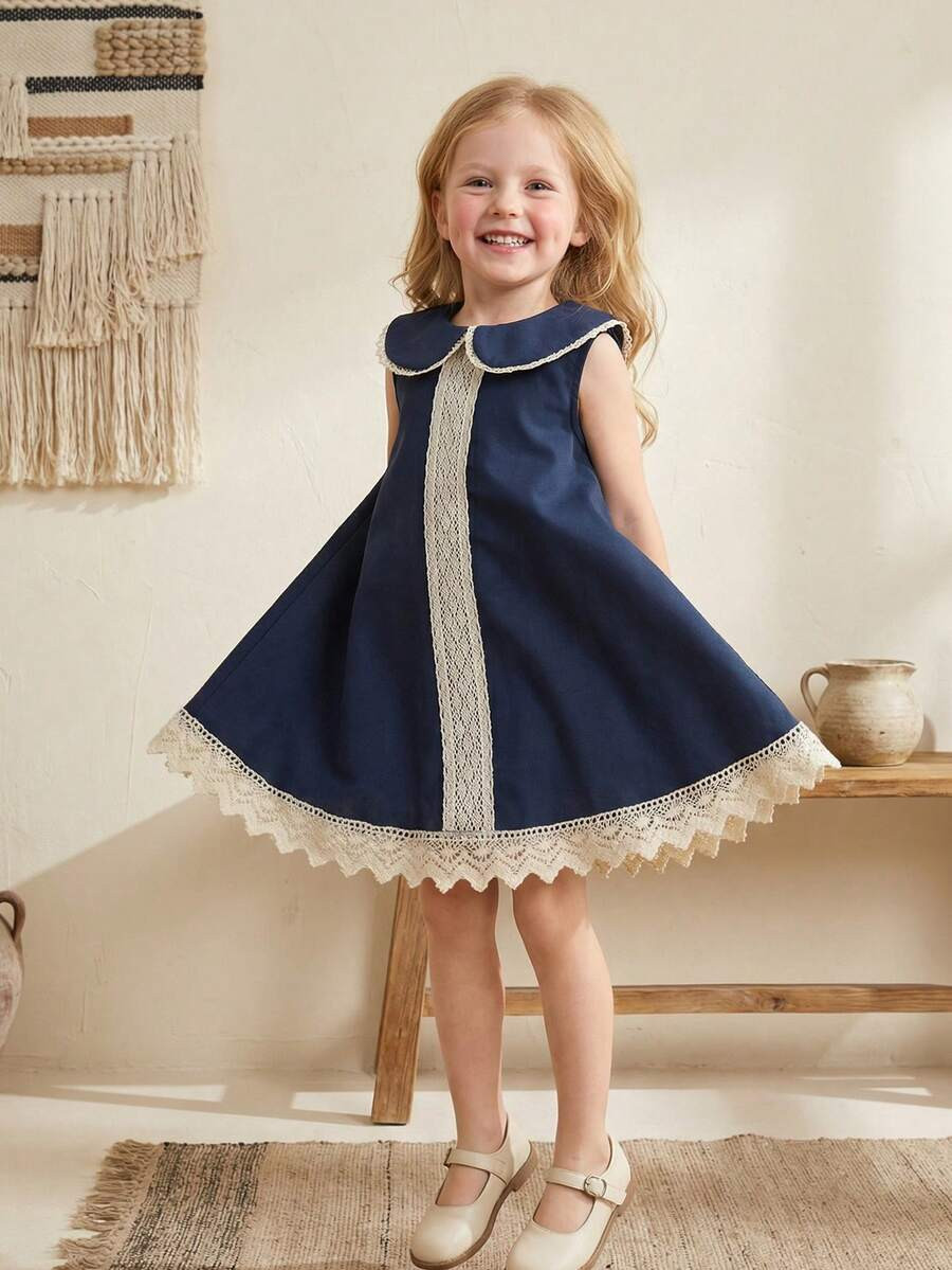 Souflis Souflis Young Girl Sleeveless Ruffle Collar A-Line Hem Cute Navy Blue Dress, Summer Dark Dresses For Girl Little Girl Vintage Young | SHEIN