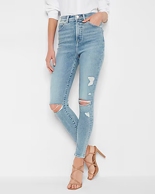 Super High Waisted Light Wash Ripped Skinny Jeans | Express