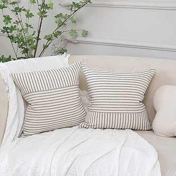 Linen Farmhouse Striped Throw Pillow Covers 18 x 18 Inch Square, Pack of 2 Decorative Pillow Case... | Amazon (CA)