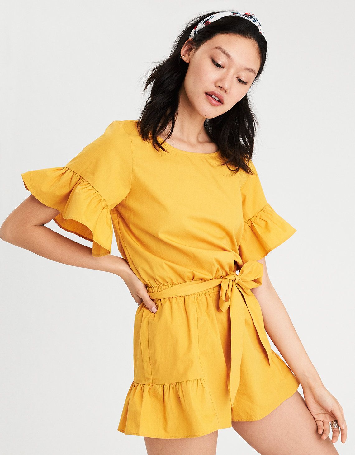 AE Open-Back Ruffle Romper, Yellow | American Eagle Outfitters (US & CA)