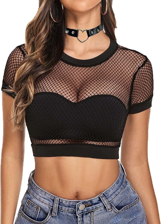 Avidlove Fishnet Crop Top for Women Y2K Short Sleeve See Through Shirt O Neck Pullover Blouse | Amazon (US)