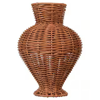 Rounded Composite Woven Faux Rattan Indoor Vase, 10 in. Brown | The Home Depot
