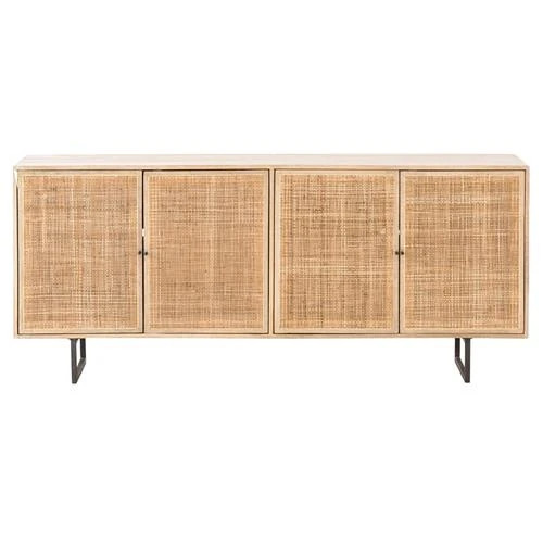 Emilie Coastal Beach 4 Door Natural Cane Mango Wood Metal Legs Sideboard | Kathy Kuo Home