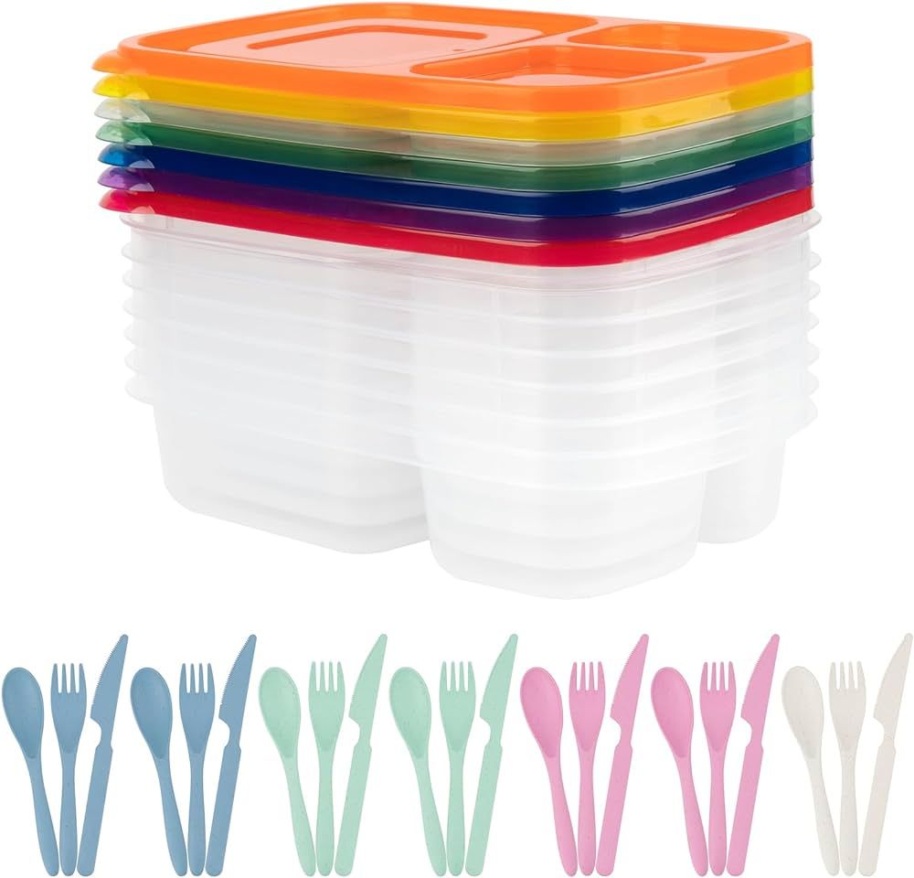 Bento Lunch Box with Fork, Spoon and Knife, Set of 7, Meal Prep Containers, Reusable 3-Compartmen... | Amazon (US)