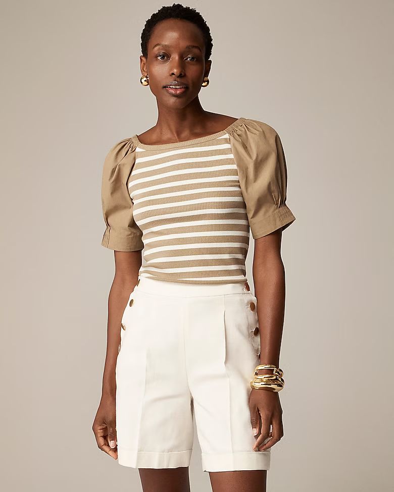 Vintage rib top with cotton poplin puff sleeves in stripe | J. Crew US