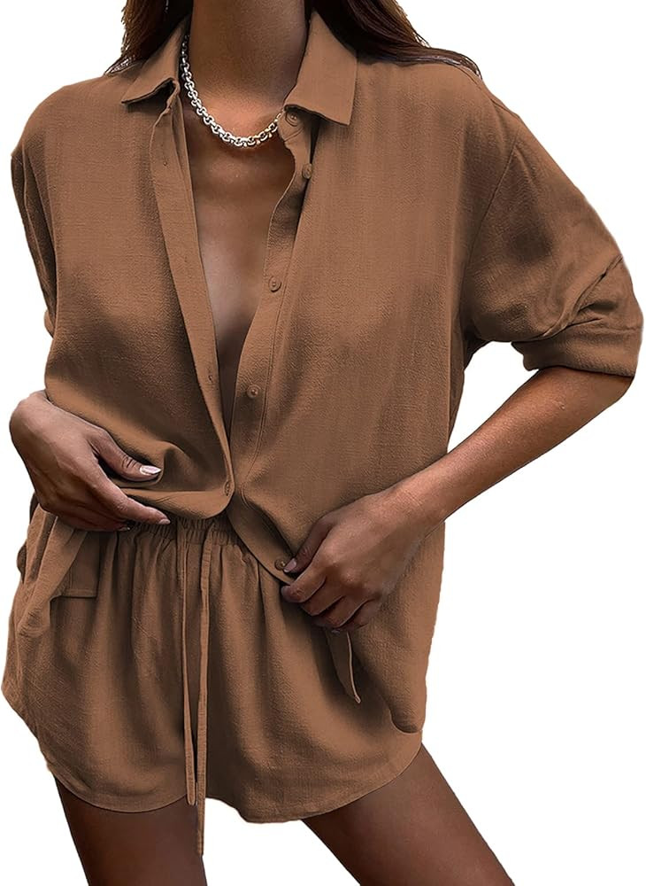 DEEP SELF 2 Piece Outfits for Women Summer Botton Down Long Sleeve Shirt with Shorts Set Casual M... | Amazon (US)