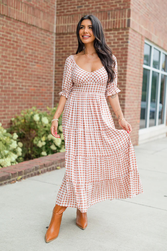 Thankful For You Rust Gingham Puff Sleeve Midi Dress | Pink Lily
