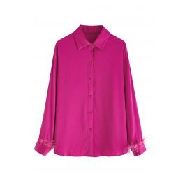 Feather Trim Cuffs Satin Shirt in Hot Pink | Chicwish